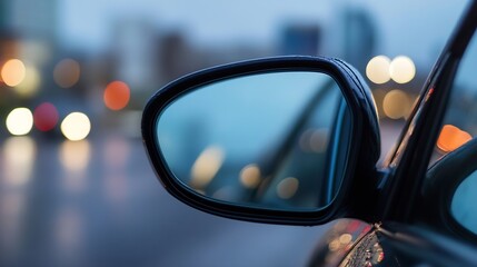 Elegant car mirror reflecting city lights in a rainy setting showcasing urban motion : Generative AI