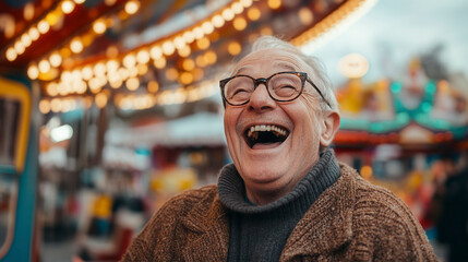 Obraz premium Joyful elderly man laughing at carnival amusement park portrait festive atmosphere close-up happiness
