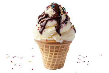A decadent vanilla ice cream cone drizzled with rich chocolate and rainbow sprinkles, a delightful summer treat against a clean white background.