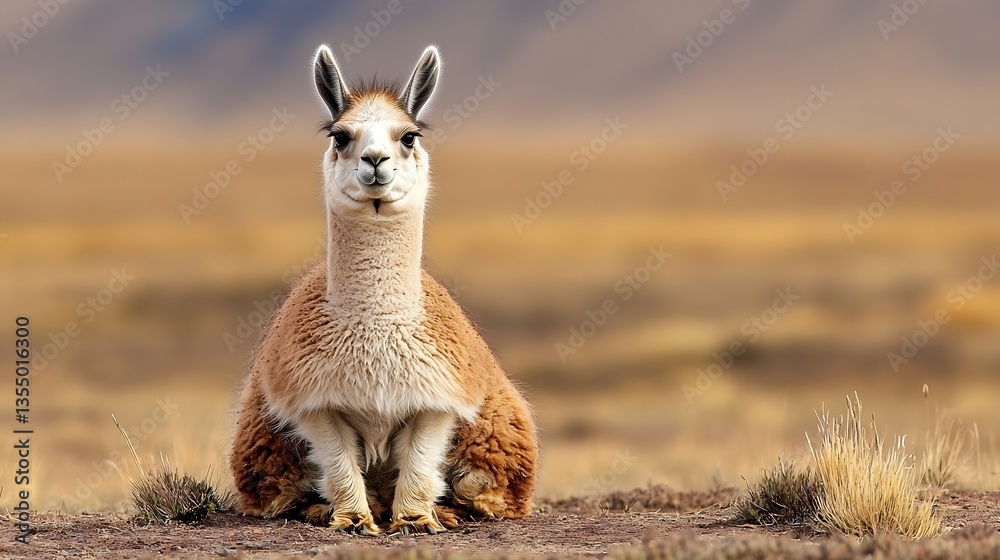 Poster charming alpaca sitting in the serene landscape showcasing its fluffy coat and calm expression under