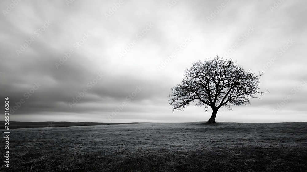 Poster striking black and white silhouette of a lone tree against a dramatic cloudy sky creating an atmosph