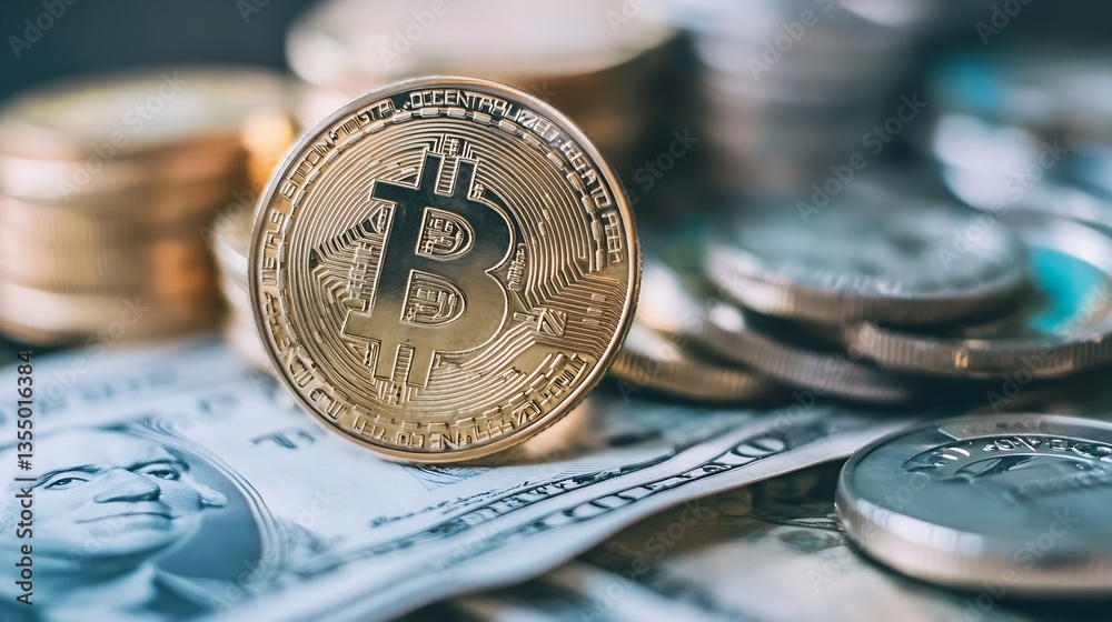 Poster closeup view of a physical bitcoin coin on a pile of various currency notes and coins : generative a