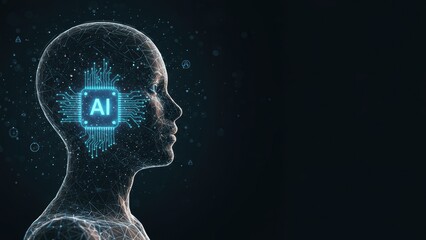 AI brain: Electronic chip inside digital human head. Futuristic technology, neural network shows machine learning, artificial intelligence and cyberspace concepts.