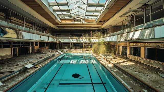 Decayed indoor swimming pool in an abandoned hotel with broken ceiling panels, overgrown vegetation and scattered debris in post-apocalyptic atmosphere.