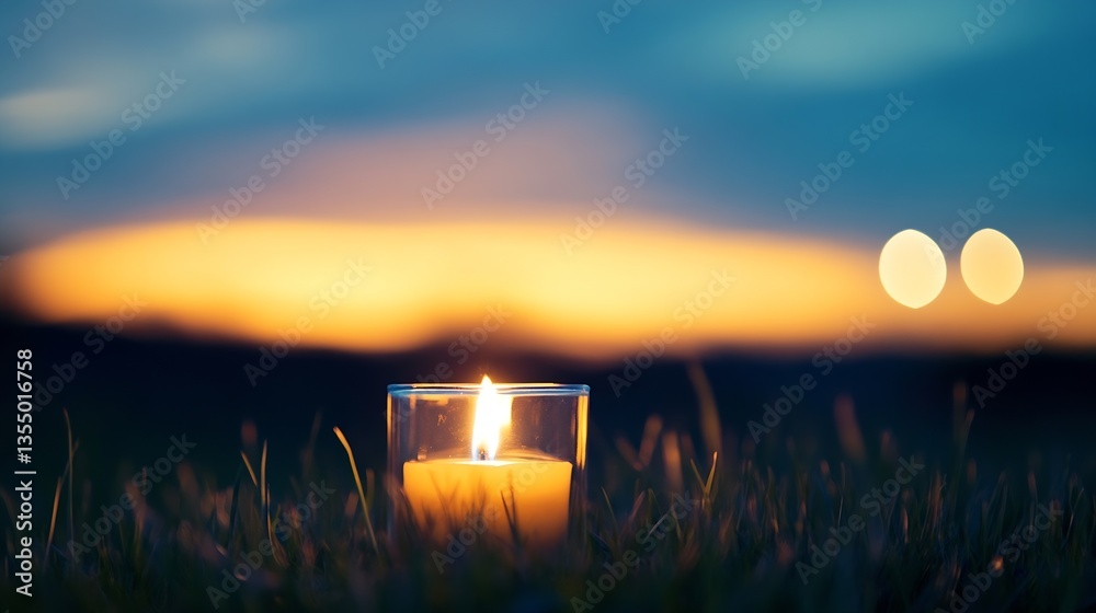 Poster warm glowing candle in the grass at dusk with a beautiful sunset in the background : generative ai