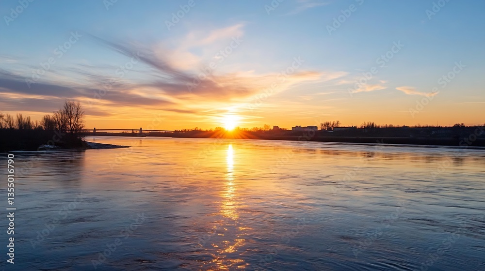 Poster golden sunset reflected on calm river surface with silhouetted trees : generative ai