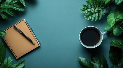Elegant workspace composition featuring a notebook, pen, coffee and greenery