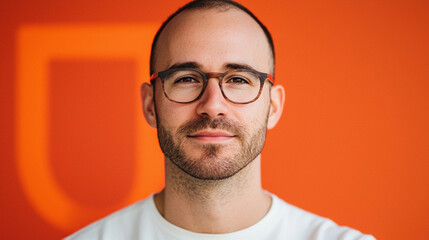 A smiling man with glasses poses against a vibrant orange background, exuding confidence and approachability.