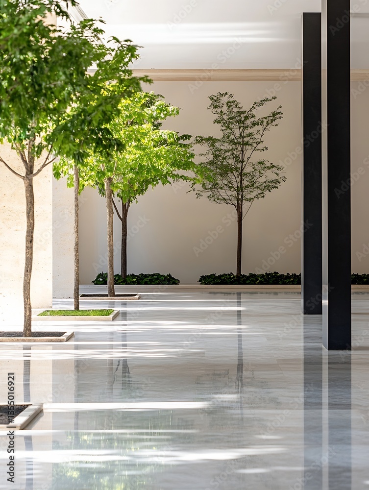 Aufkleber elegant modern architectural design featuring two young trees framed by stylish columns and natural 