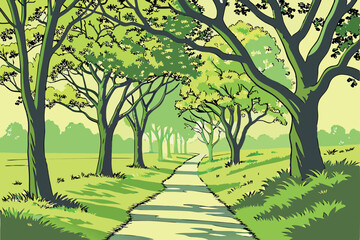 14 Tree-lined path, lush green canopy, dappled sunlight, spring foliage, tranquil park scene, winding walkway, symmetrical rows of trees, peaceful nature, verdant landscape, serene atmosphere, shadowy