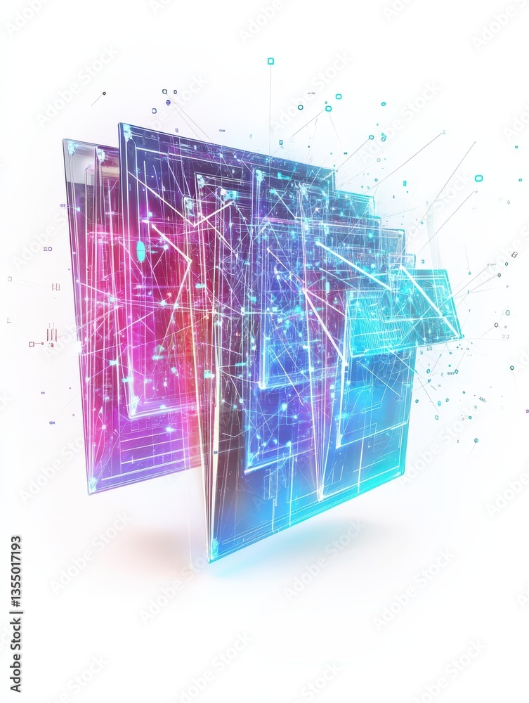 Poster digital document and folder icons with holographic data network connections. isolated on white backg