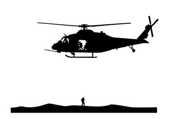 military helicopter lifting soldier with rope black vector silhouet © Camel