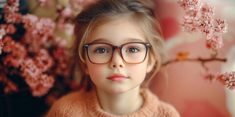 Adorable child with square glasses, charming expression, light pink aesthetic 