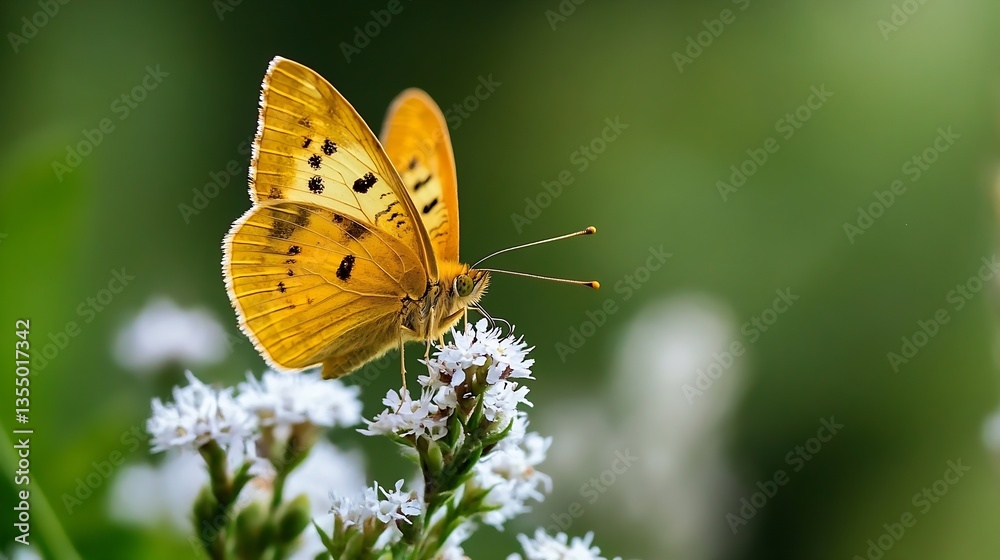 Poster closeup of a vibrant yellow butterfly perched on delicate white flowers with soft background in natu