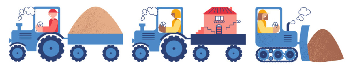 Work at Construction site. Bulldozer pushes earth. Tractor carries sand, house. Sketch vector illustration