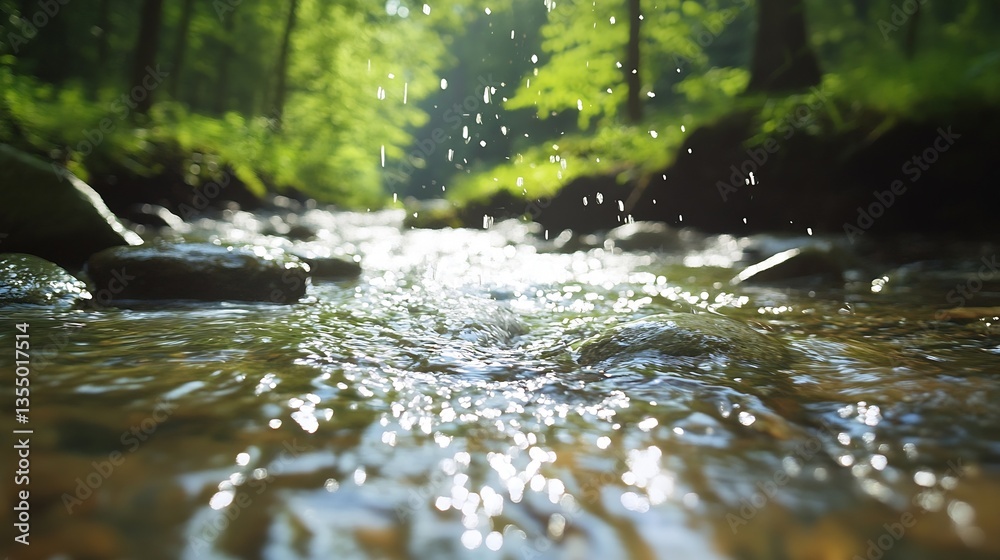 Aufkleber Serene nature scene featuring a crystal clear stream flowing over smooth rocks illuminated by sunlight : Generative AI