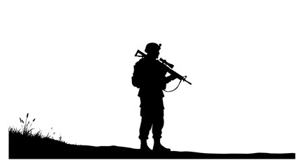 soldier standing with rifle on hill black vector silhouette