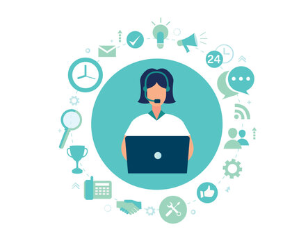 Customer service, hotline operators consult customers with headsets on computers, 247 global online technical support, Call center, call processing system, Vector 