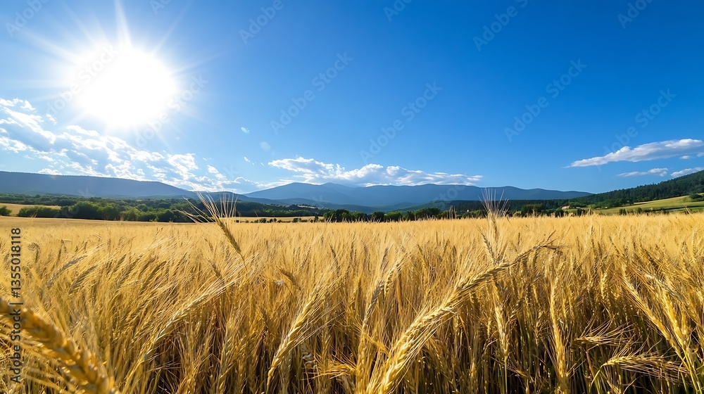 Aufkleber golden wheat fields under a bright sun with distant mountains in the background : generative ai