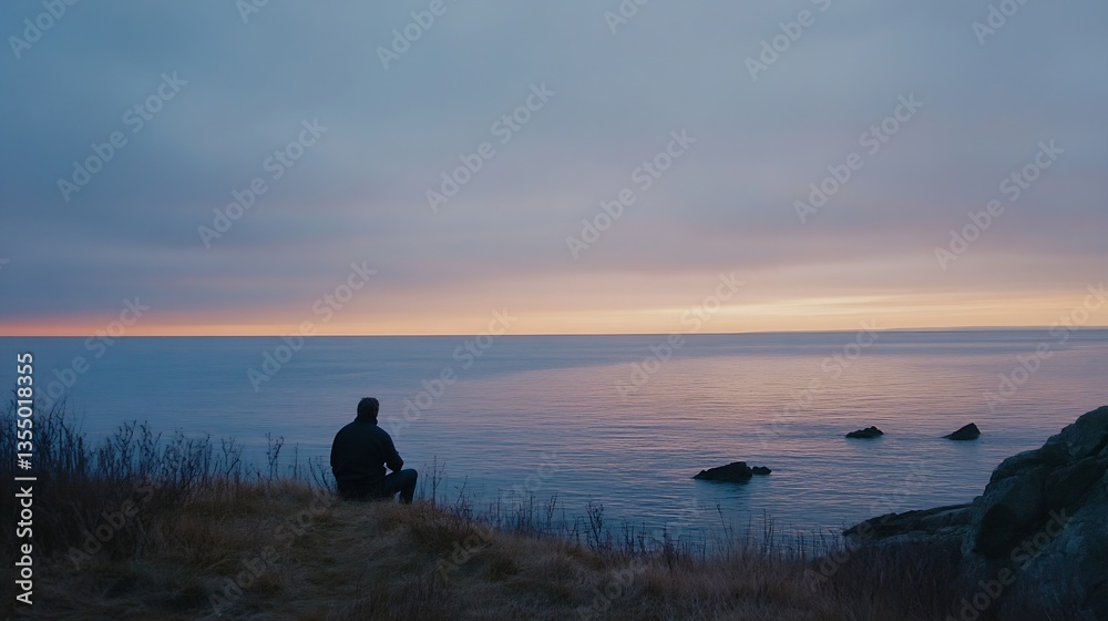 Poster serene sunset over calm ocean with solitary man enjoying the tranquil view : generative ai