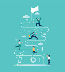 infographic illustration, The main stages of the timeline with pointers on the curved road, small people stand in the company and reason over each item, History of the company development conce vector