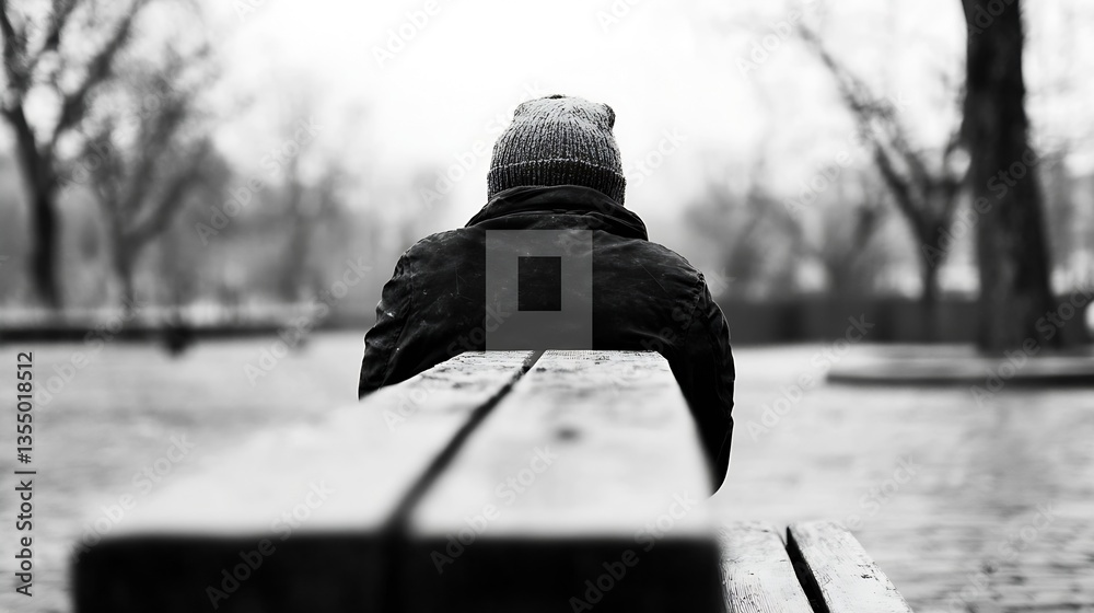 Aufkleber black and white image of a person sitting on a bench in a park with a reflective mood on a gloomy da