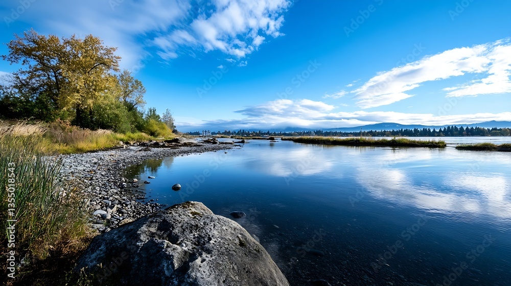 Aufkleber serene river scene under a stunning sky with vibrant clouds and lush greenery by the water's edge : 