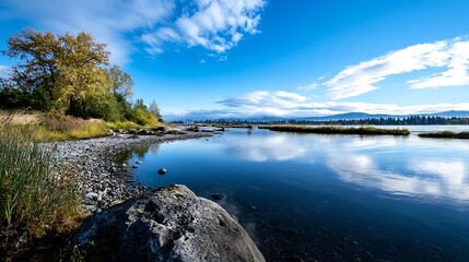 Fototapeta premium Serene river scene under a stunning sky with vibrant clouds and lush greenery by the water's edge : Generative AI