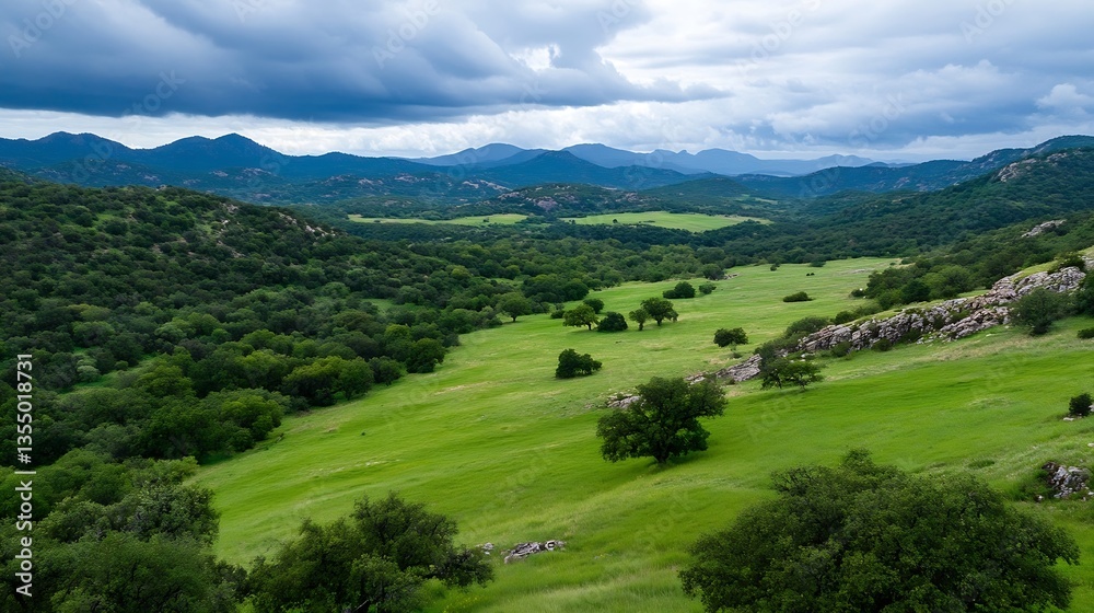 Poster expansive green landscape of rolling hills and trees under a cloudy sky : generative ai
