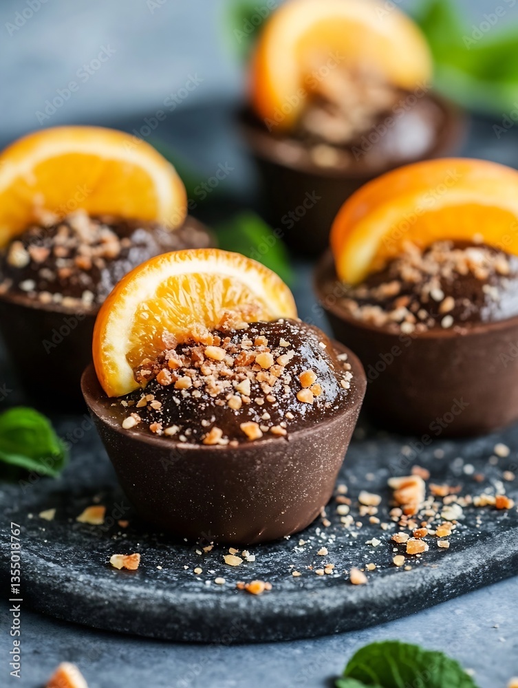 Poster delicious chocolate cups topped with orange slices and nuts on a slate platter : generative ai