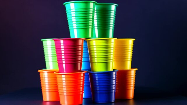 Abstract pyramid formation of colorful plastic cups against a dark gradient background