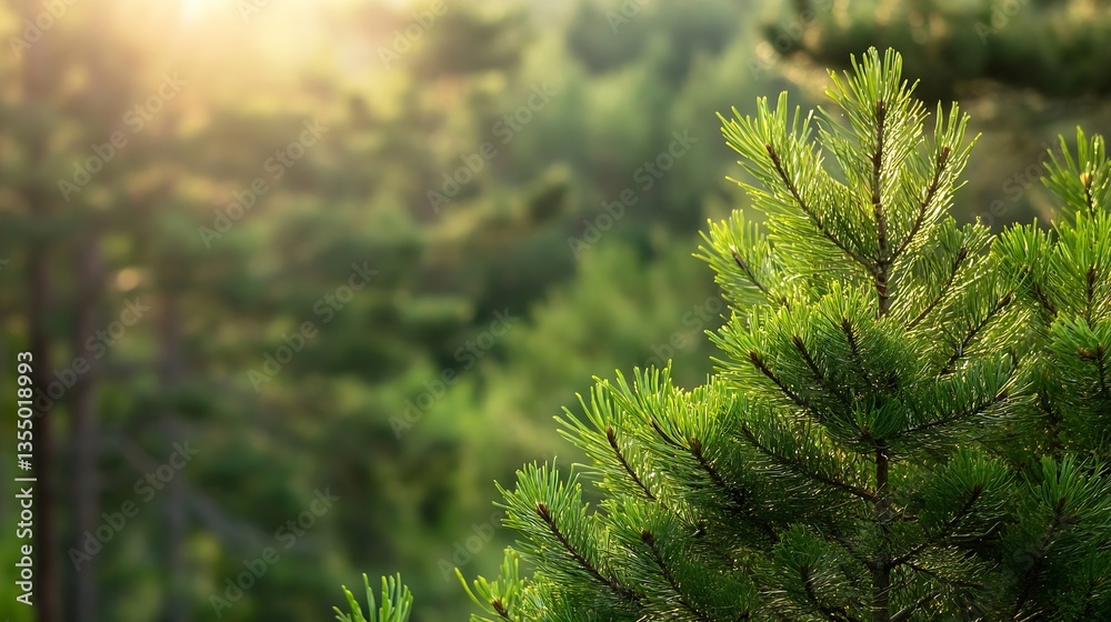 Poster Lush green evergreen trees basking in the sunlight creating a vibrant forest scene in nature : Generative AI