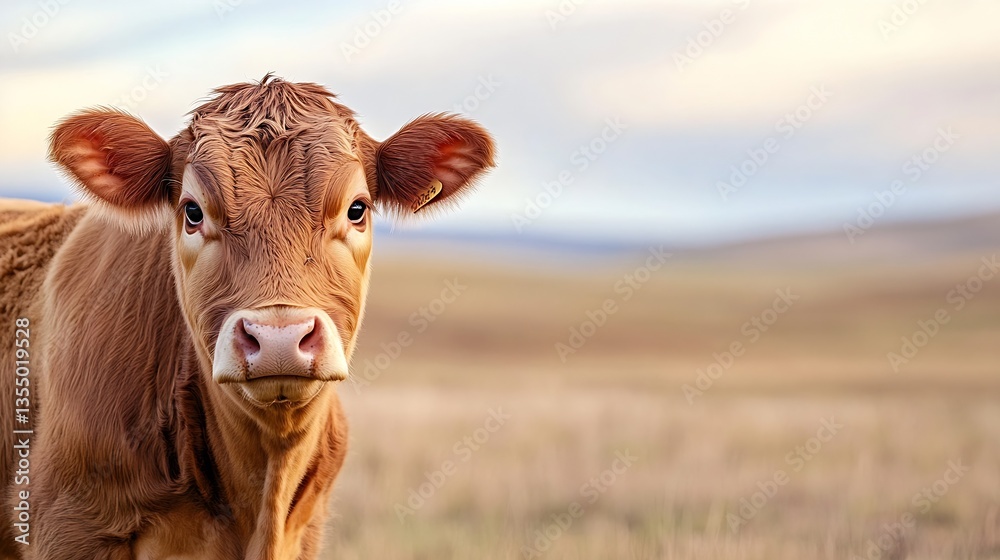Aufkleber curious young calf looking directly at the camera in a peaceful green pasture under a soft sky : gen