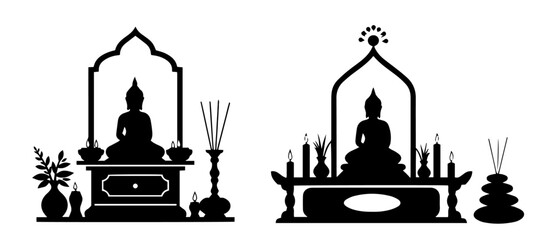 buddha altars with incense and decorations black silhouette vector
