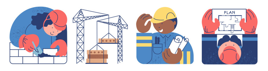 Cranes at construction site. Woman is building brick wall. Builder with house plan or project at construction site. Sketch vector illustration