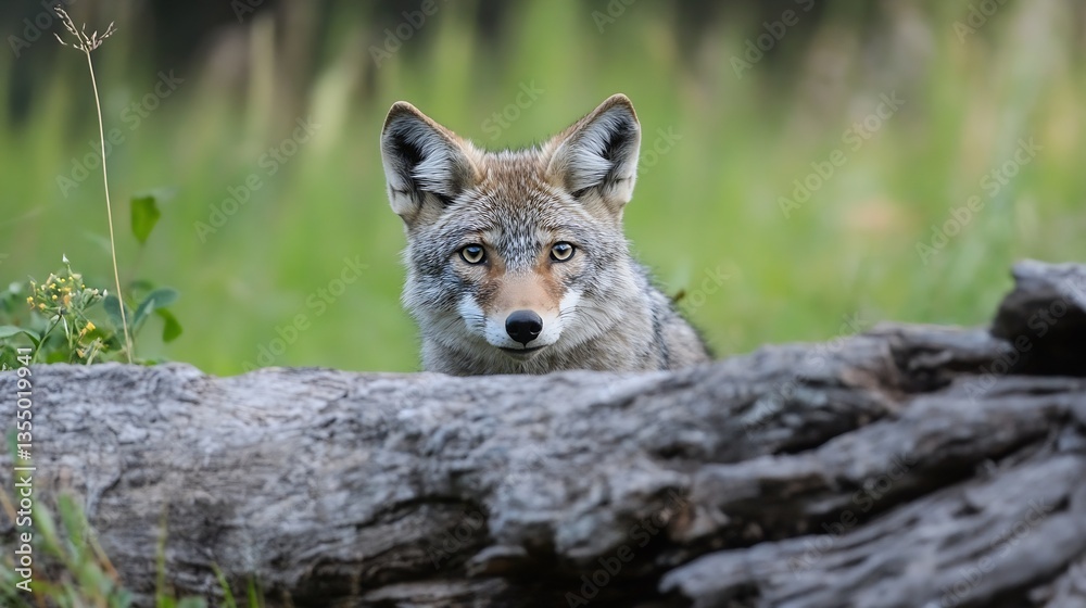Poster Watchful coyote peering from behind a log amidst tall grass in a natural setting illustrating wildlife behavior : Generative AI