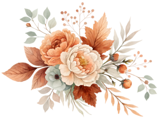Elegant Watercolor Floral Bouquet with Autumn Leaves transparent PNG, Isolated on White Background.