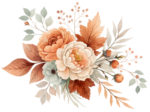 Elegant Watercolor Floral Bouquet with Autumn Leaves transparent PNG, Isolated on White Background.