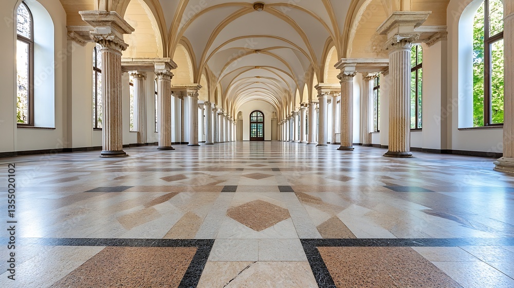 Poster Elegant Architectural Hallway Showcasing Beautiful Columns and Grand Open Space with Natural Light : Generative AI