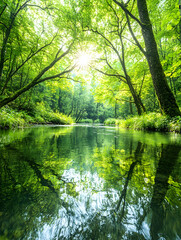 Fototapeta premium Lush forest stream reflecting sunlight