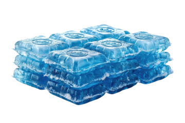 A frozen stack of vibrant blue ice packs, glistening with frosty texture, ready to deliver a refreshing chill.
