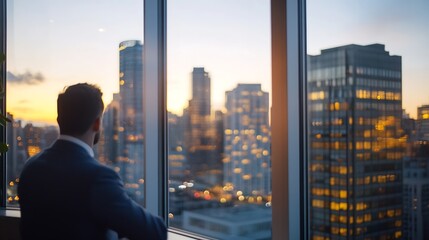 Naklejka na ściany i meble Silhouette of businessman gazing out over city skyline during sunset : Generative AI