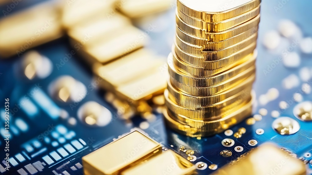 Leinwandbilder Close up of golden coins stacked on a circuit board representing digital currency and financial technology : Generative AI