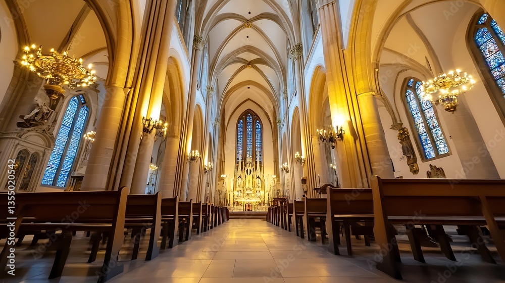 Poster interior view of an ornate church with grand architecture and warm lighting creating a serene atmosp