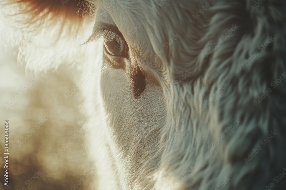 Poster close-up view of a cows gentle face illuminated by warm sunlight in a serene rural setting on a farm