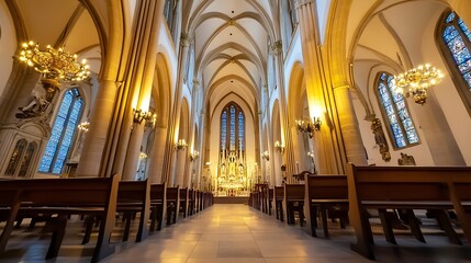 Fototapeta premium Interior view of an ornate church with grand architecture and warm lighting creating a serene atmosphere : Generative AI