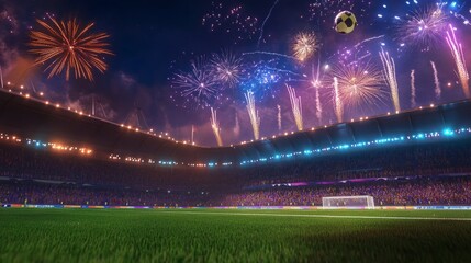 A captivating night scene at a football stadium featuring a view of the goalpost and lively fireworks overhead, capturing the essence of celebration and excitement.. AI Generation