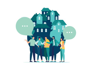 Vector illustration, real estate business concept with houses, the growing real estate market in the world, buying real estate