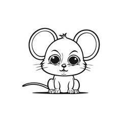 A simple black and white vector illustration of a baby mouse with big, droopy eyes, showing sadness on a whitebackground.