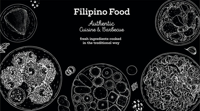 Filipino food top view vector illustration. Food menu design template. Hand drawn sketch. Filipino food menu. Vintage style.